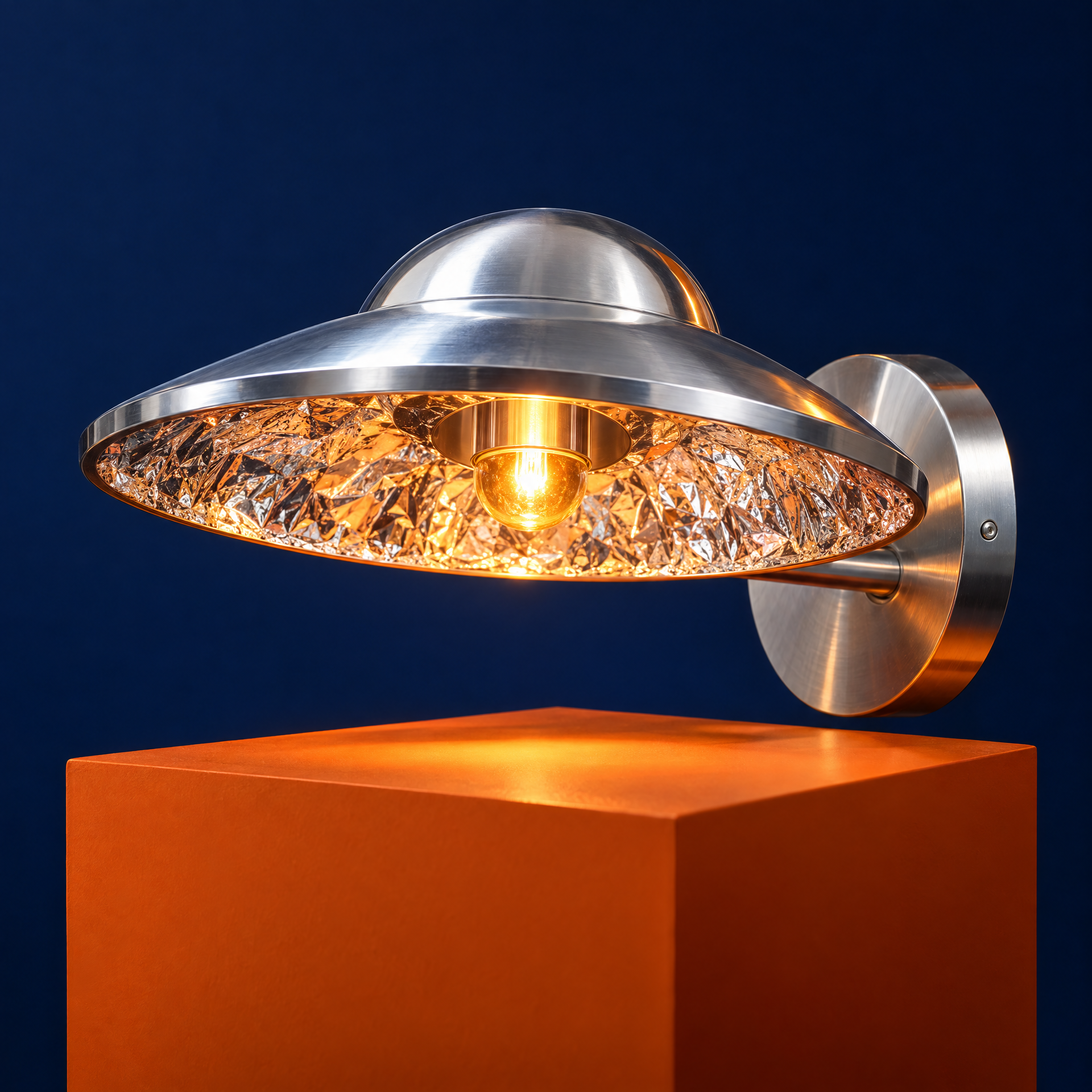 A fictional foil-lined warm wall sconce shaped like a small UFO