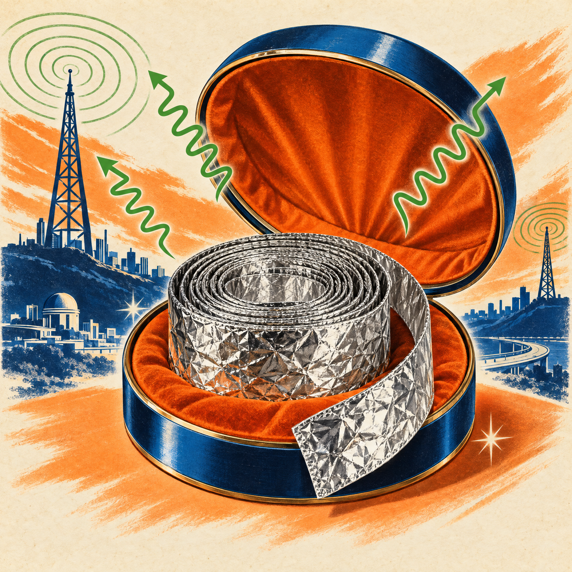 A fictional foil hat liner in a circular presentation case